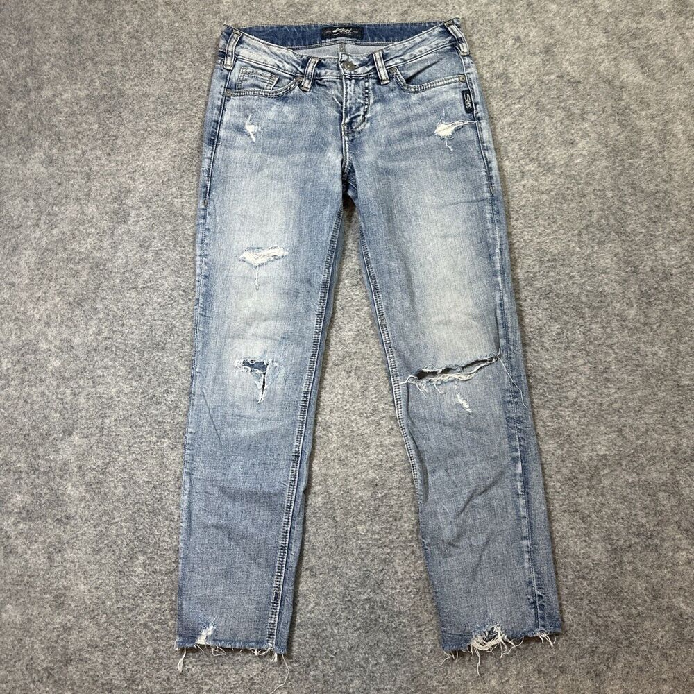 Silver Jeans Suki Ankle Slim Jeans Women's 25 x 27 Light Blue Distressed